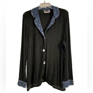 Slinky Brand Black Shirt Denim Collar Rhinestone Button Up Women’s M